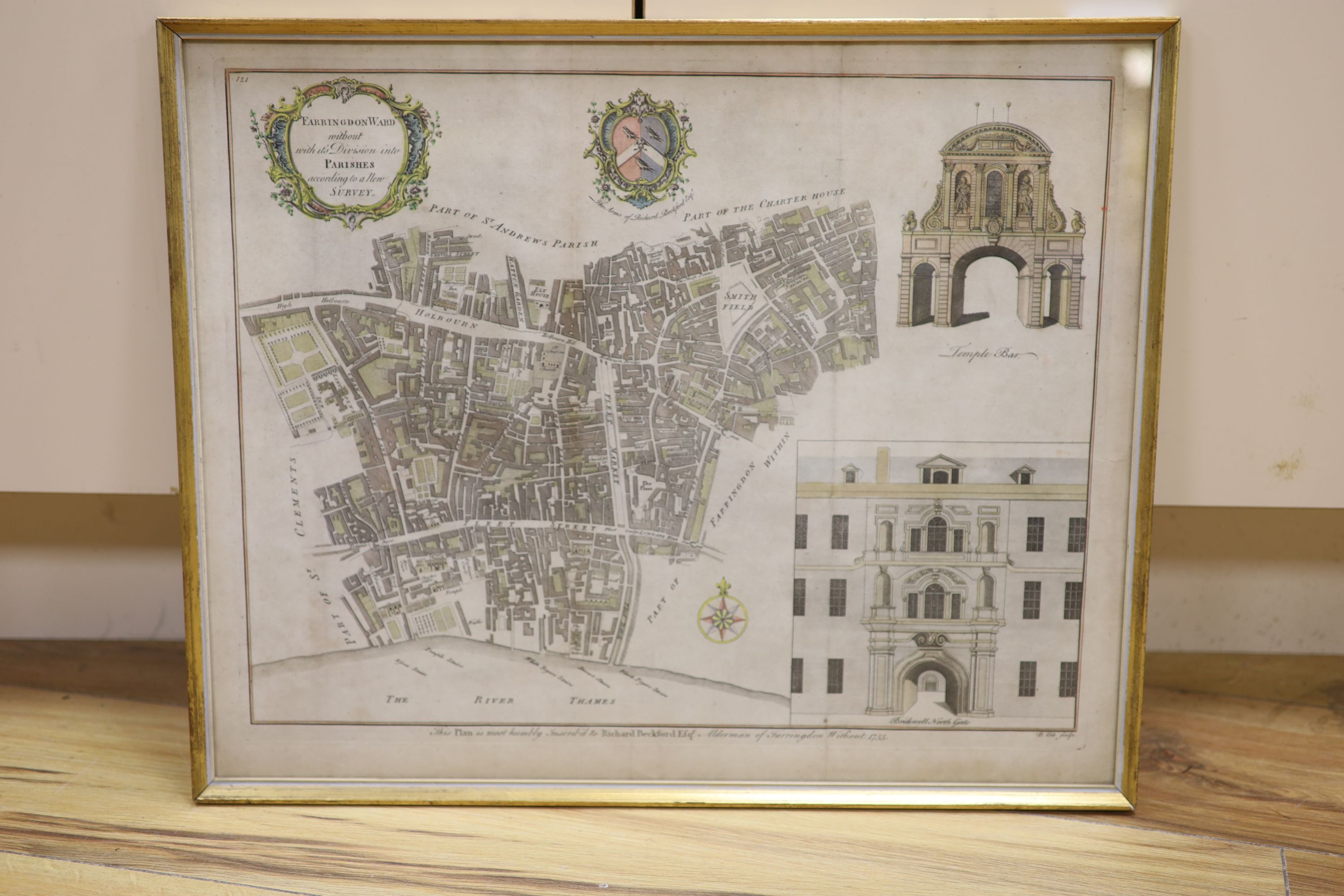 B. Cole, coloured engraving, Map of Farringdon Ward, divided into Parishes, 1755, overall 41 x 50cm